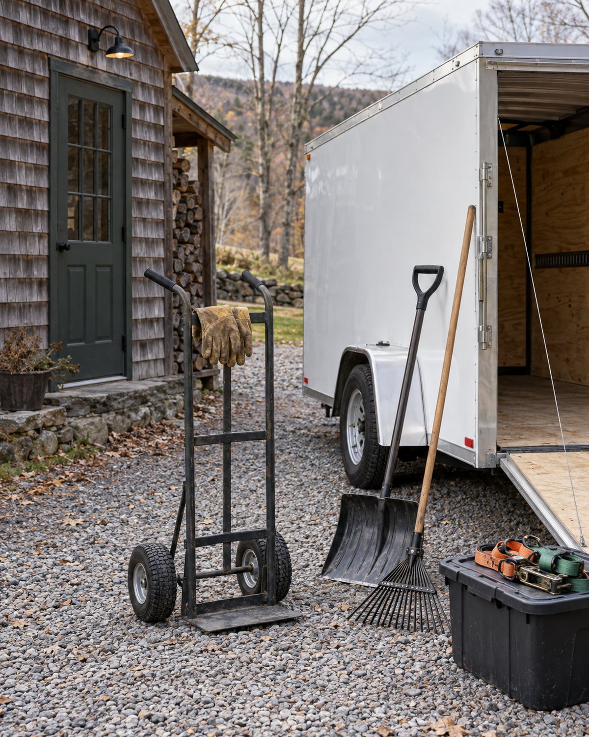 Clean trailer, work gloves, and property service tools arranged beside a New England outbuilding