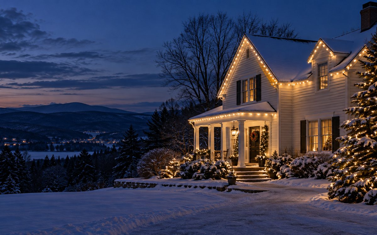 Warm Christmas lights on a traditional Upper Valley home at blue hour