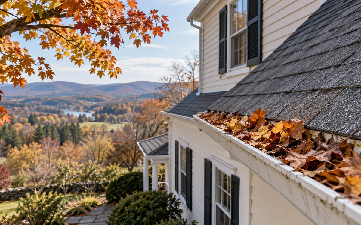 Close view of leaves being cleared from a New England home gutter