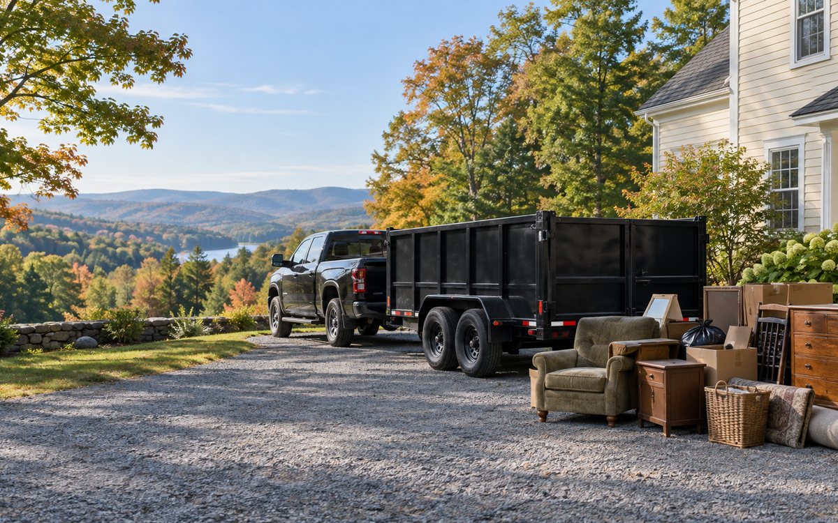 Trailer positioned beside an Upper Valley home for a junk removal pickup