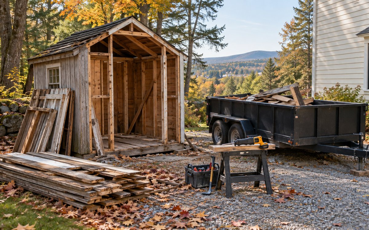 Small wooden shed being carefully dismantled beside a New England home and unbranded trailer