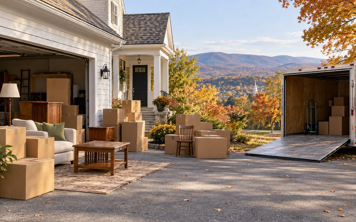 Boxes and furniture staged for a house cleanout near Hanover, New Hampshire