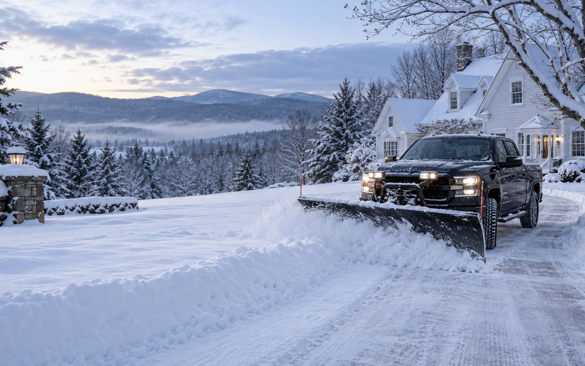 Freshly plowed New England driveway with an unbranded truck in winter