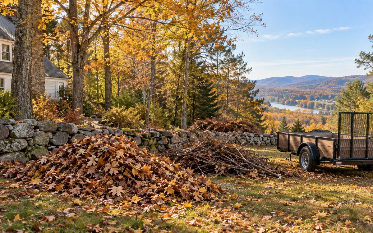 Freshly gathered fall leaves on a wooded residential property in the Upper Valley
