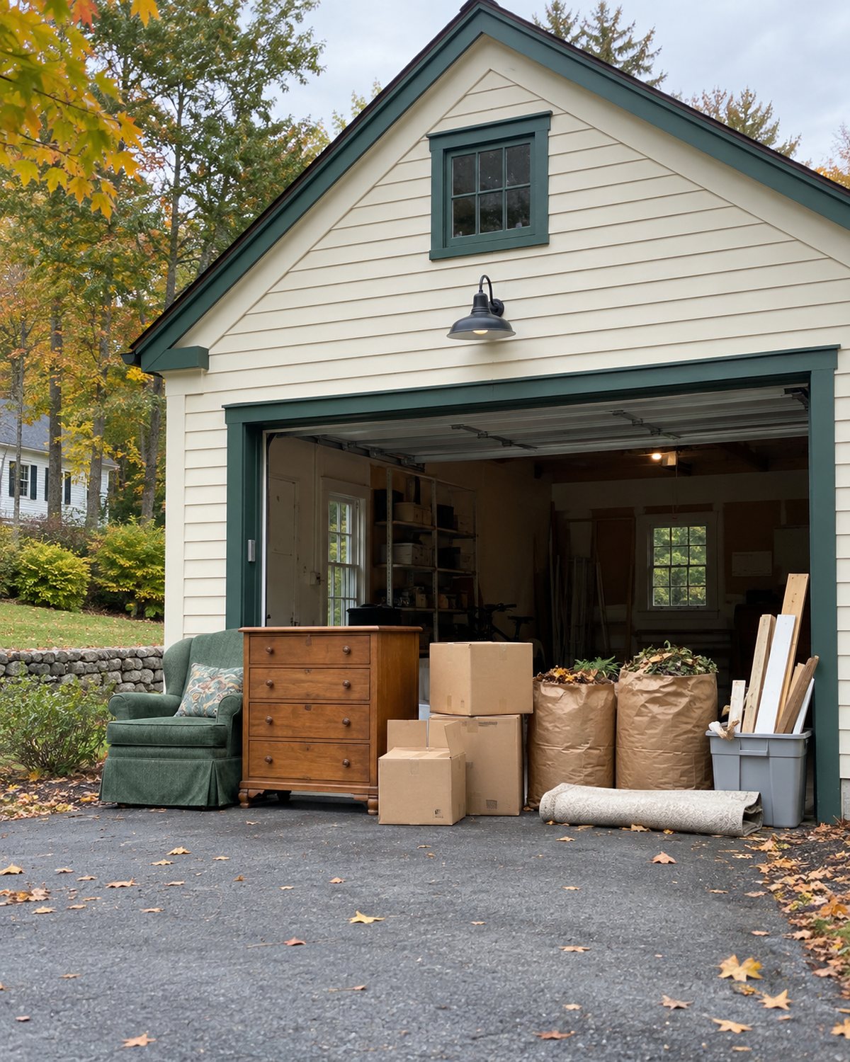 Organized household items ready for removal beside a detached New England garage