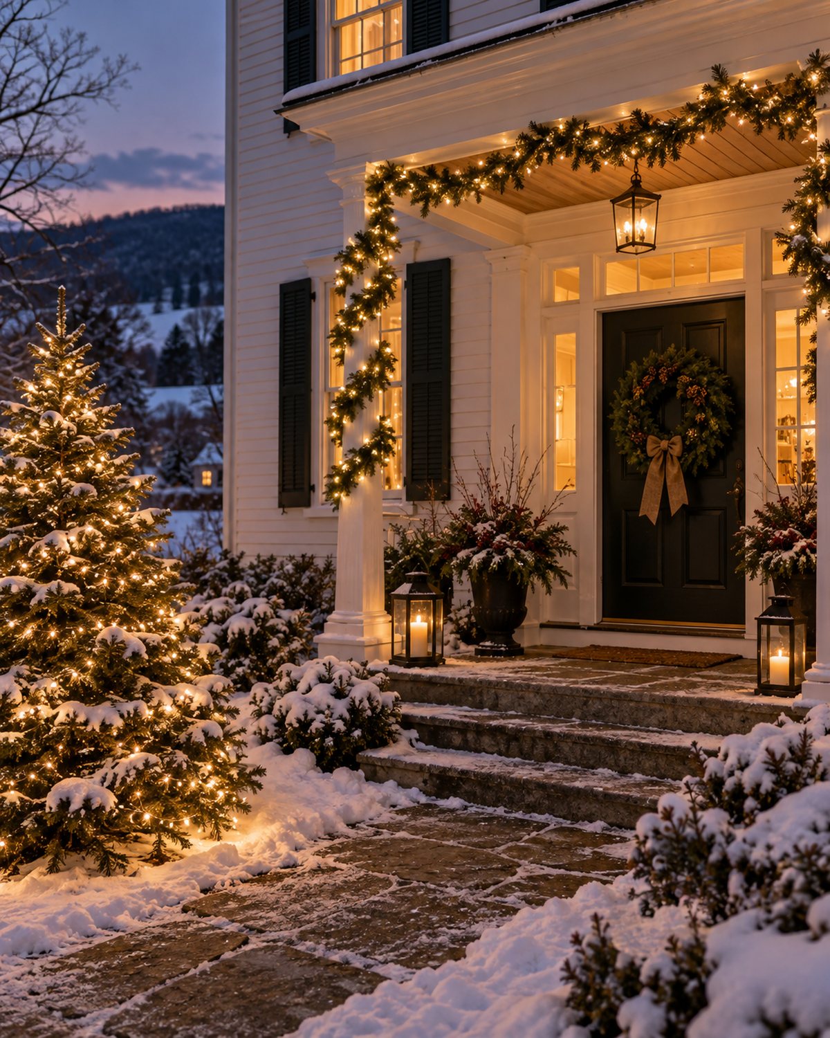 Tasteful holiday lights around a porch entry and evergreen without signs or people