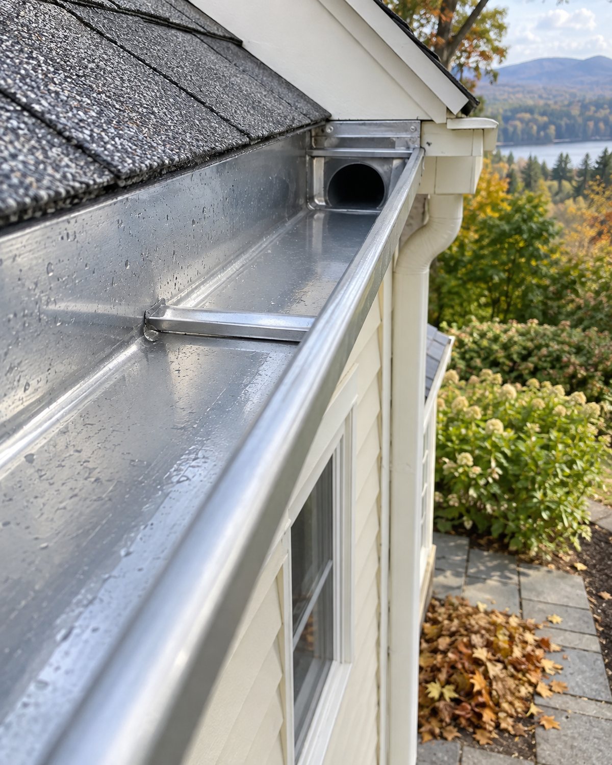 Clean gutter channel and open downspout above cream siding in Hanover, New Hampshire
