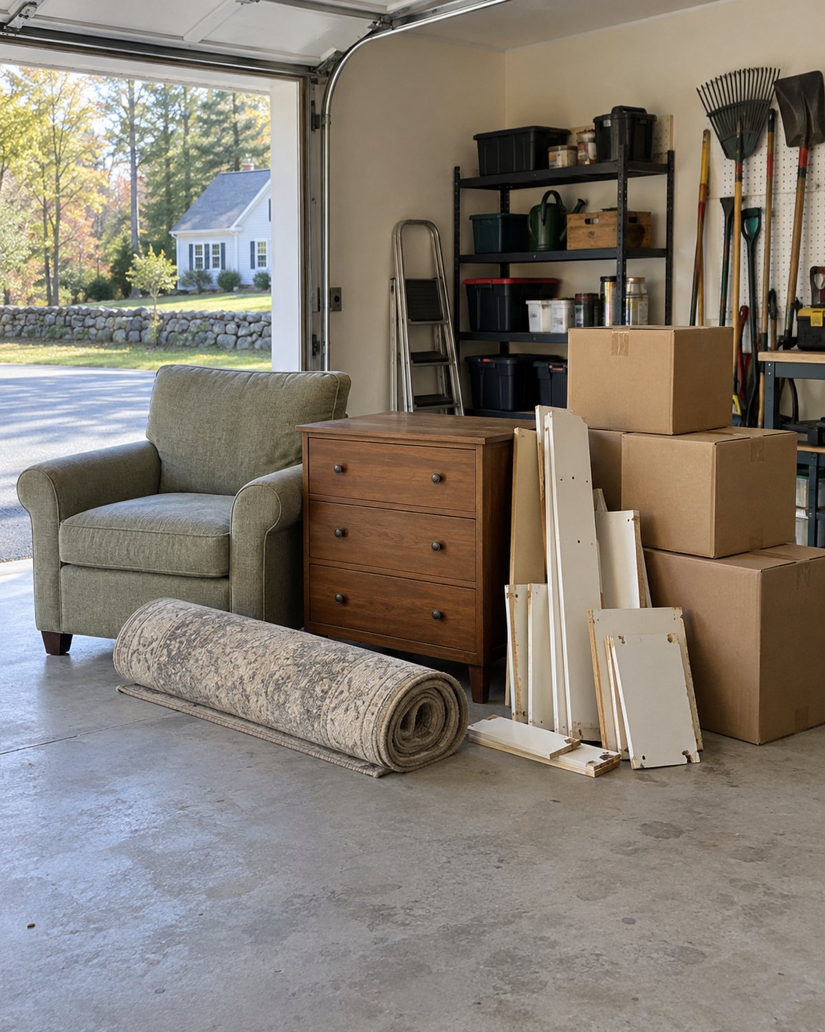 Neatly grouped furniture and boxes ready to be carried from a New England garage