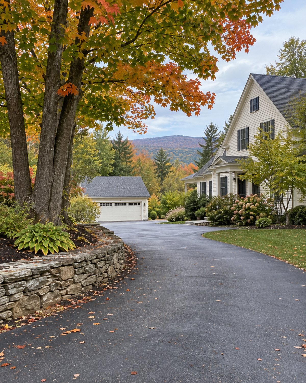 Clear residential driveway and wooded property edge in Lebanon, New Hampshire