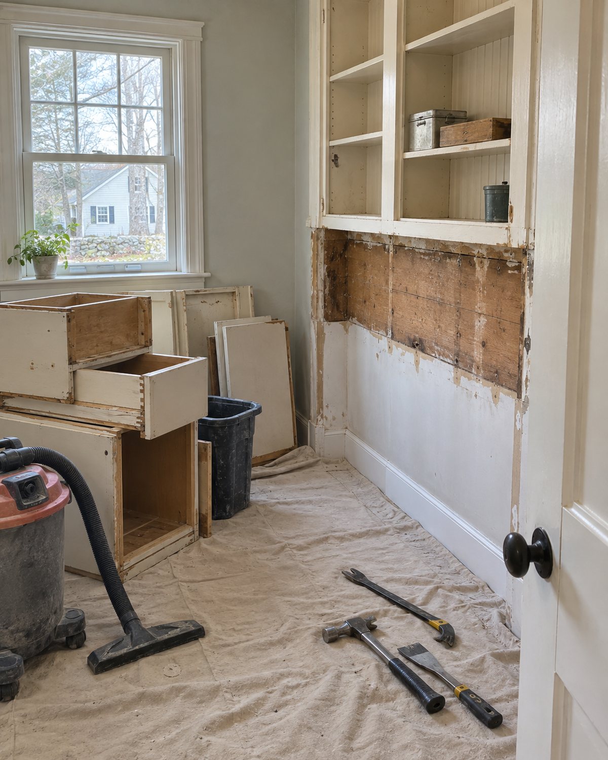 Controlled cabinet tear-out with floor protection and unbranded tools inside an older New England home