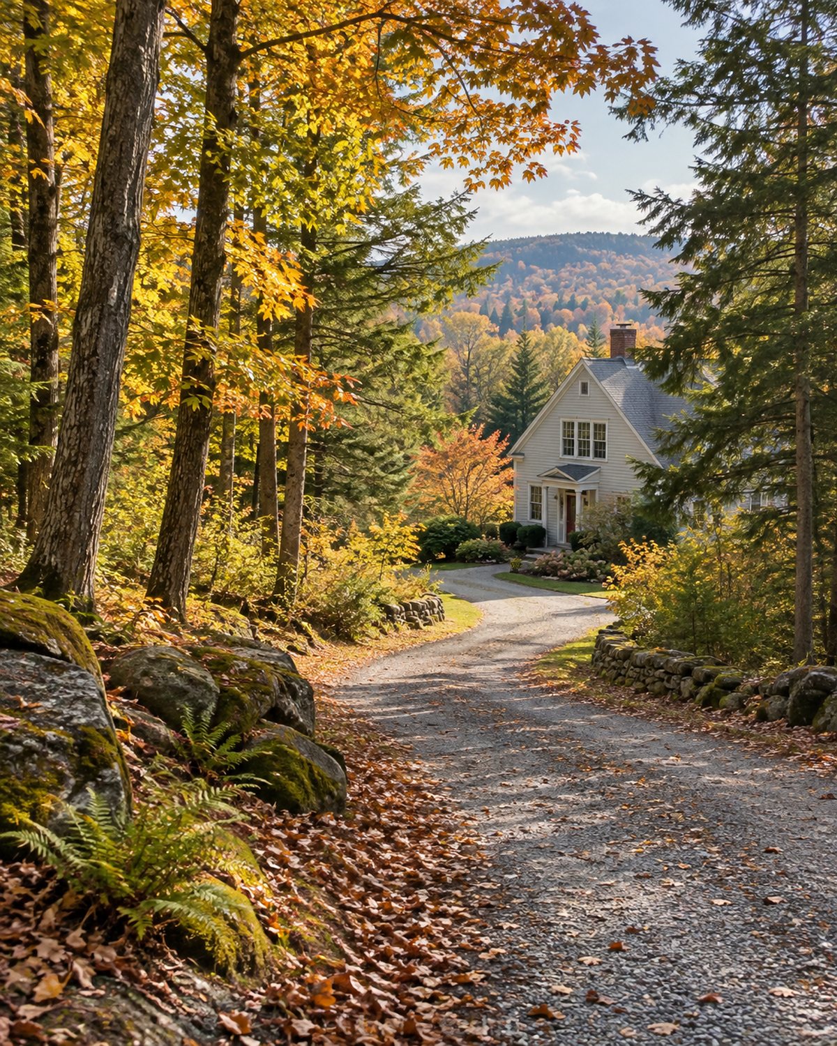 Sloped gravel driveway through autumn trees on a Norwich, Vermont property