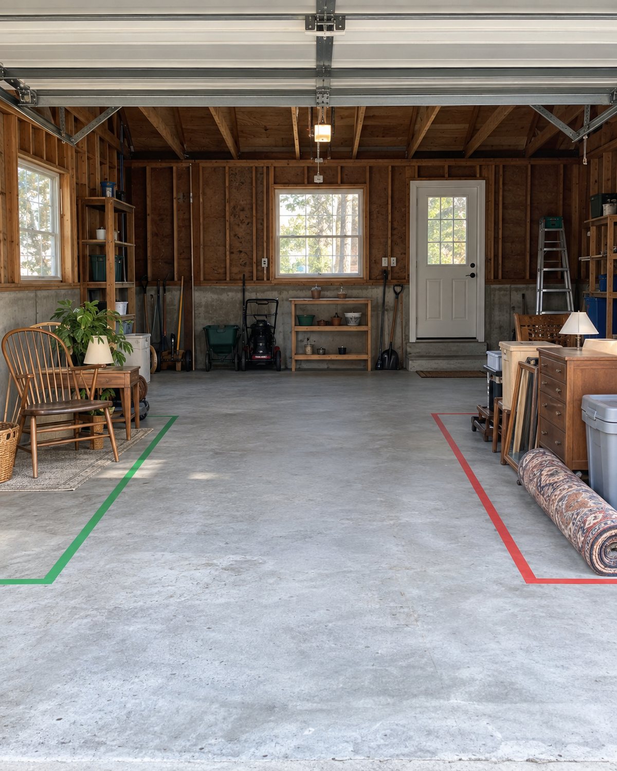 Mostly cleared New England garage with labeled keep and removal zones