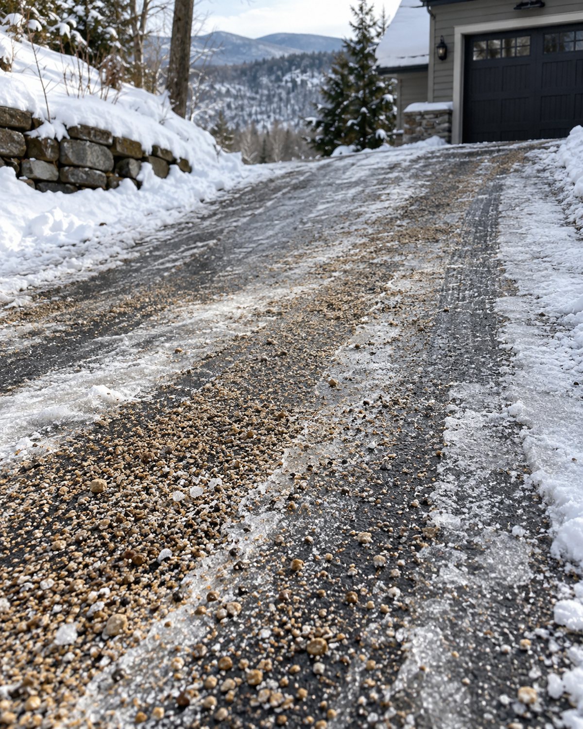 Sand and salt mixture spread across an icy sloped Upper Valley driveway
