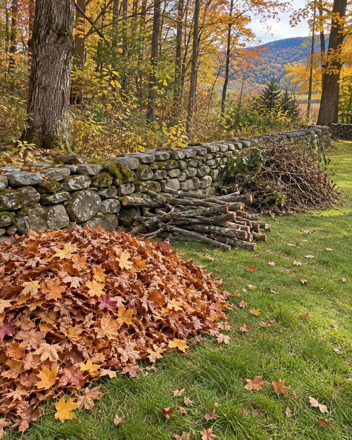 Neat piles of leaves and small branches along a New England stone wall
