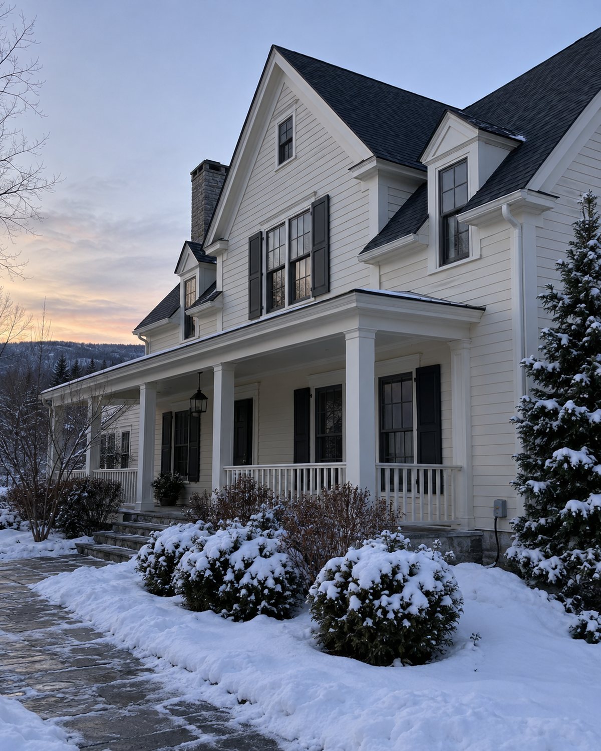 Unlit roofline and snow-covered shrubs before a Christmas lighting installation