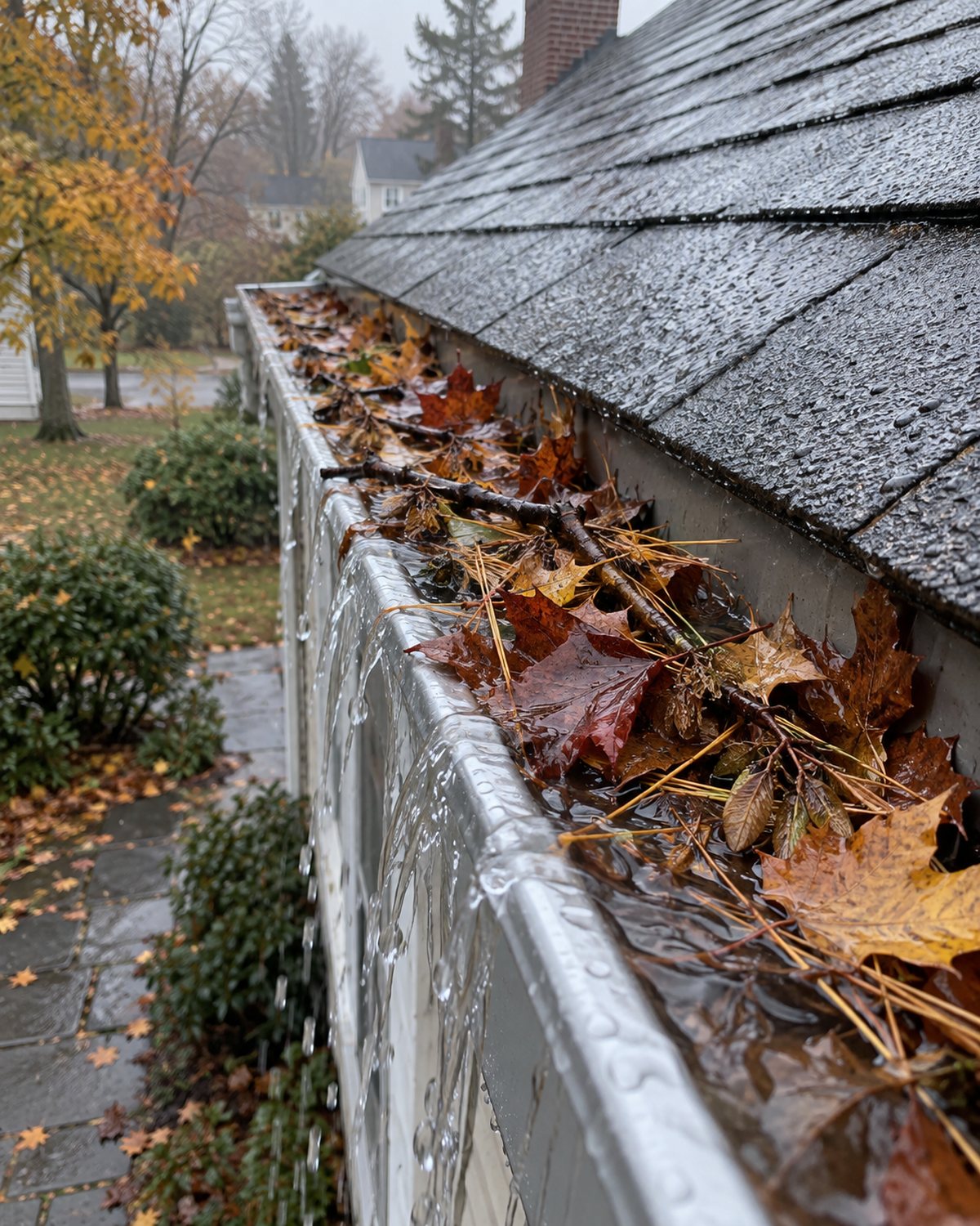 Wet leaves and pine needles packed into a residential gutter in the Upper Valley