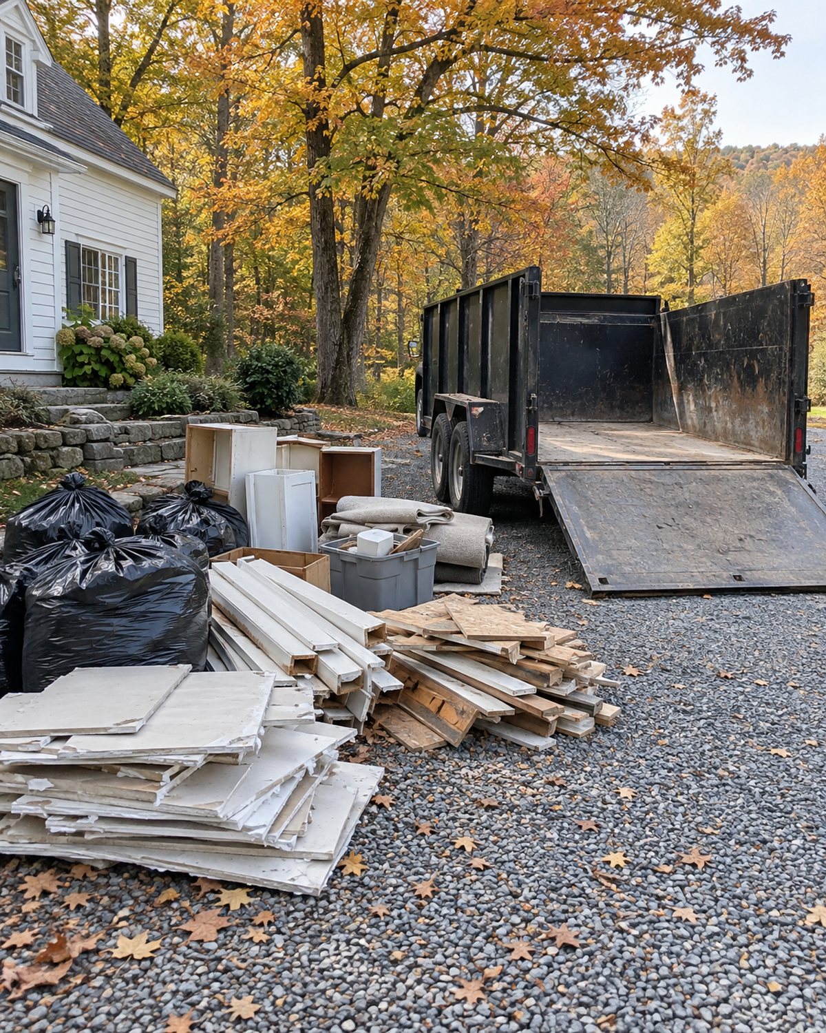 Household debris sorted beside a trailer before removal in Hanover, New Hampshire