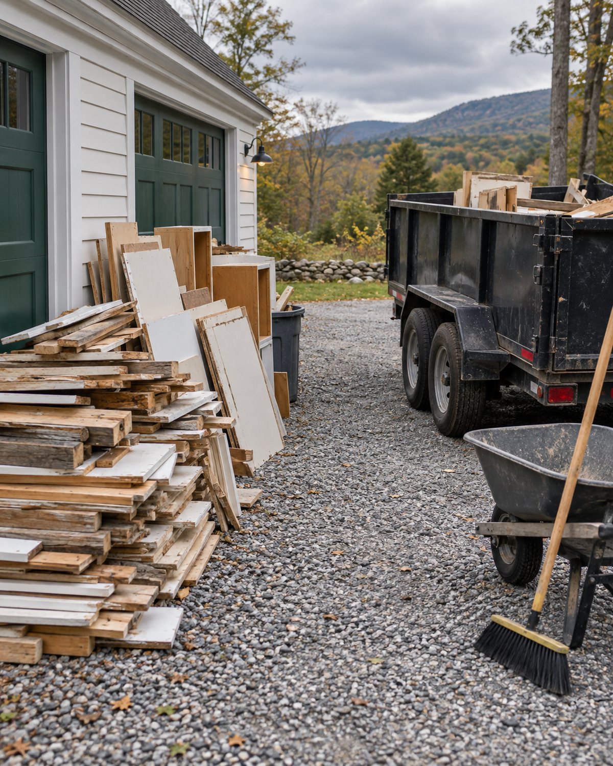 Sorted light-demolition lumber and cabinet panels beside an unbranded trailer on a gravel driveway