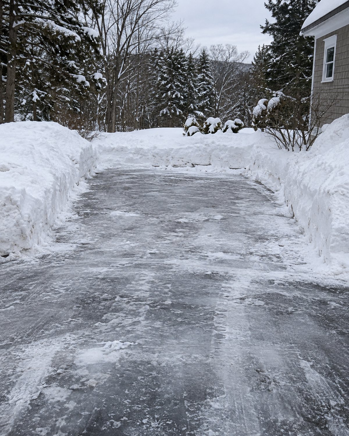 Snow narrowed parking area and icy driveway before plowing and sanding service