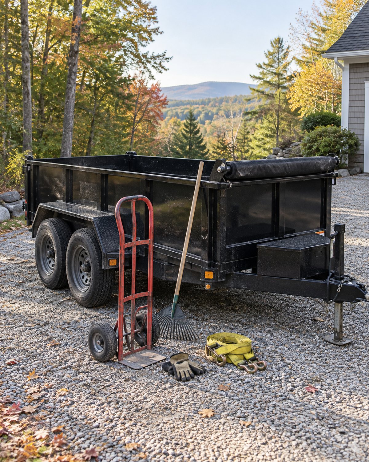 Clean unbranded trailer and tools prepared for property service in the Upper Valley