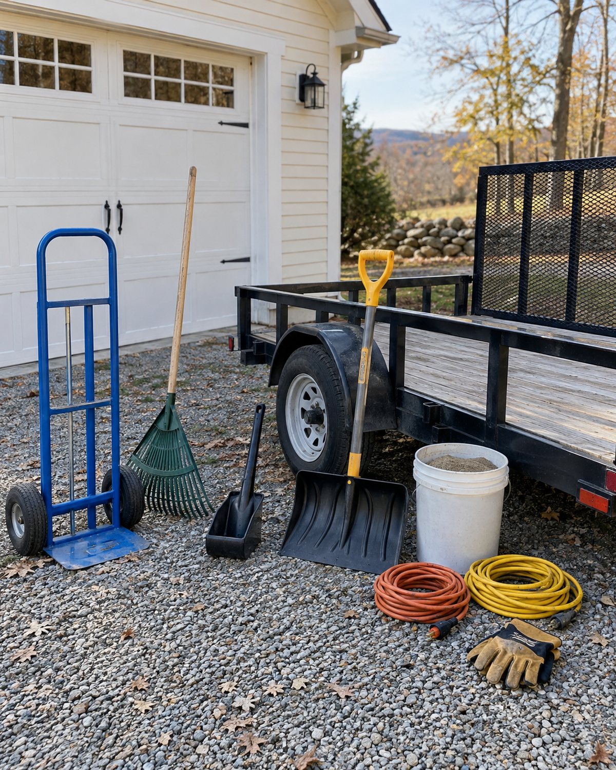 Unbranded property service tools and trailer prepared beside a clean New England driveway